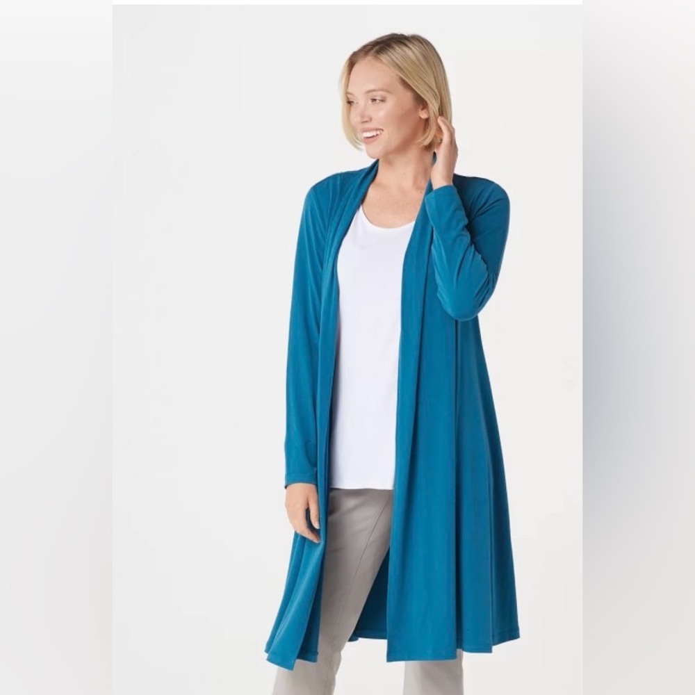 Susan Graver Open-Front Longline Cardigan in Teal Blue size large
